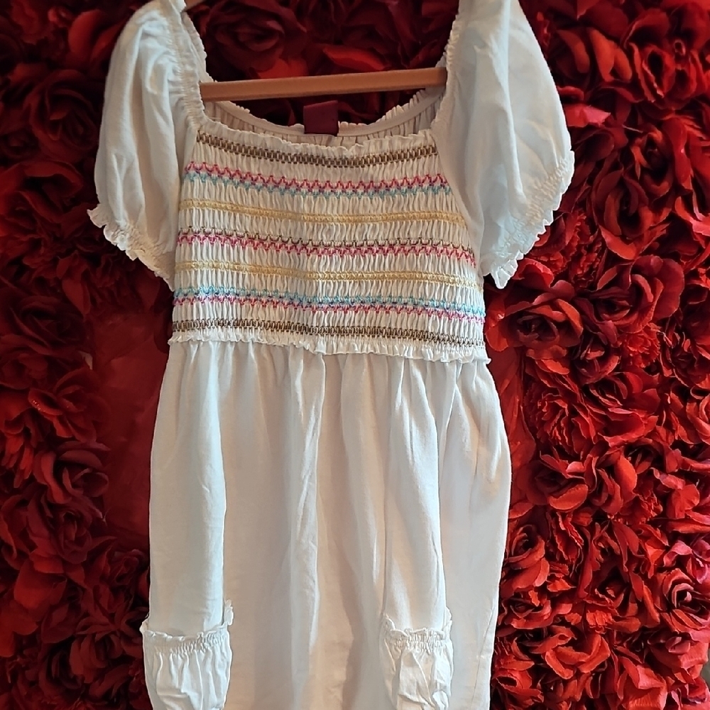 White Smocked Dress with Multicolor Accents Like NEW Never Used